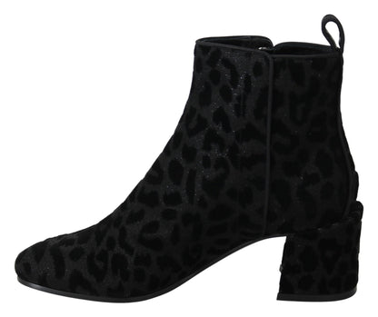 Dolce & Gabbana Black Leopard Short Boots Zipper Shoes