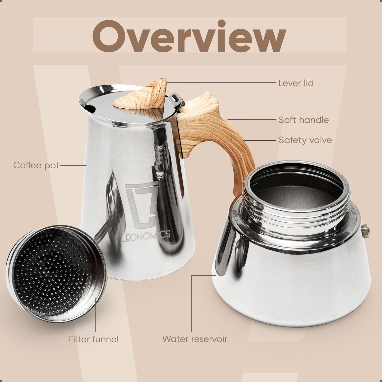 Leonomics Premium Stainless Steel Moka Pot - 300 mlFood & BeverageAquamarine Medeaac_exclude, Moka Pot, Percolator16.34ac_exclude, Moka Pot, PercolatorFood & BeverageLeonomics Premium Stainless Steel Moka Pot - 300 mlLeonomics Premium Stainless Steel Moka Pot - 300 ml - Premium Food & Beverage from Aquamarine Medea - Just CHF 16.34! Shop now at Maria Bitonti Home Decor