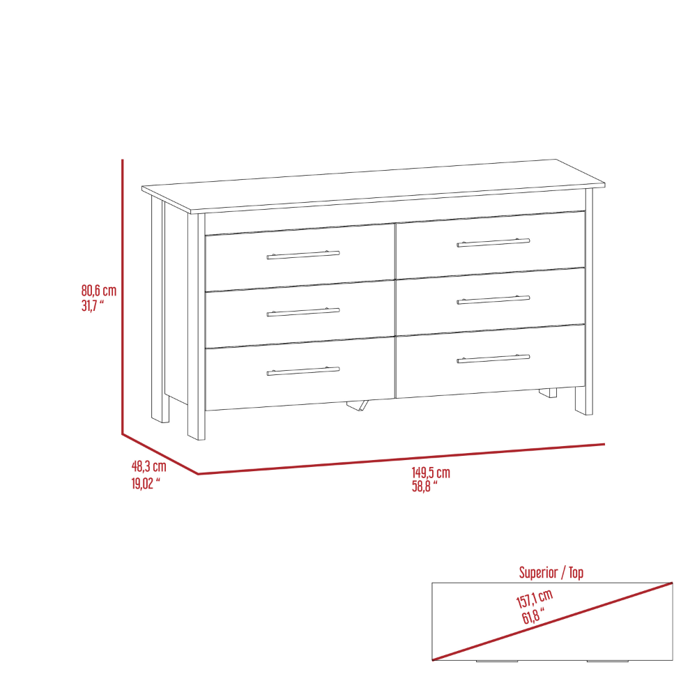 6 Drawer Double Dresser Wezz, Four Legs, Superior Top, Light Gray