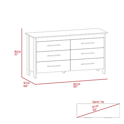 6 Drawer Double Dresser Wezz, Four Legs, Superior Top, Light Gray