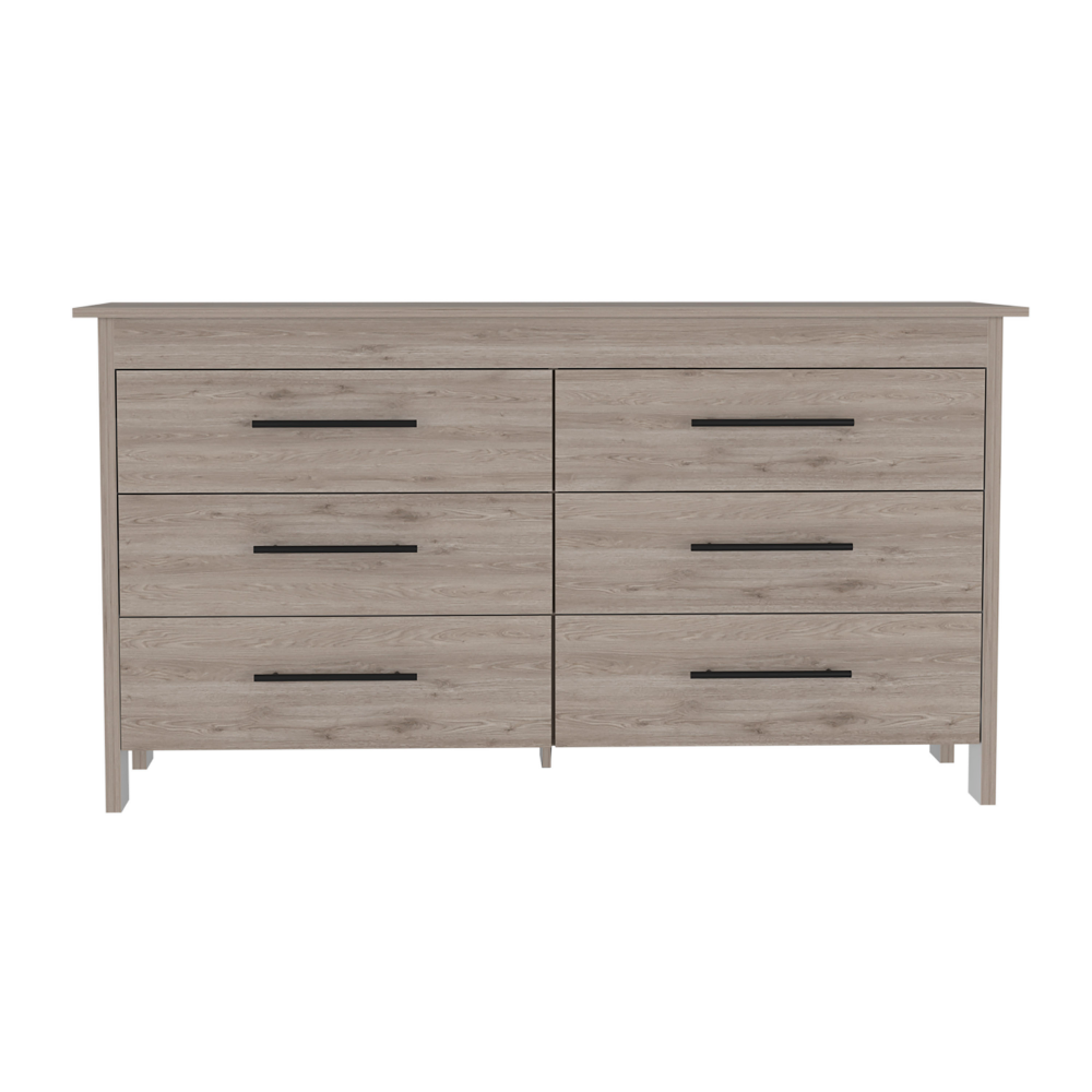 6 Drawer Double Dresser Wezz, Four Legs, Superior Top, Light Gray