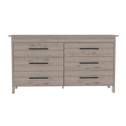 6 Drawer Double Dresser Wezz, Four Legs, Superior Top, Light Gray