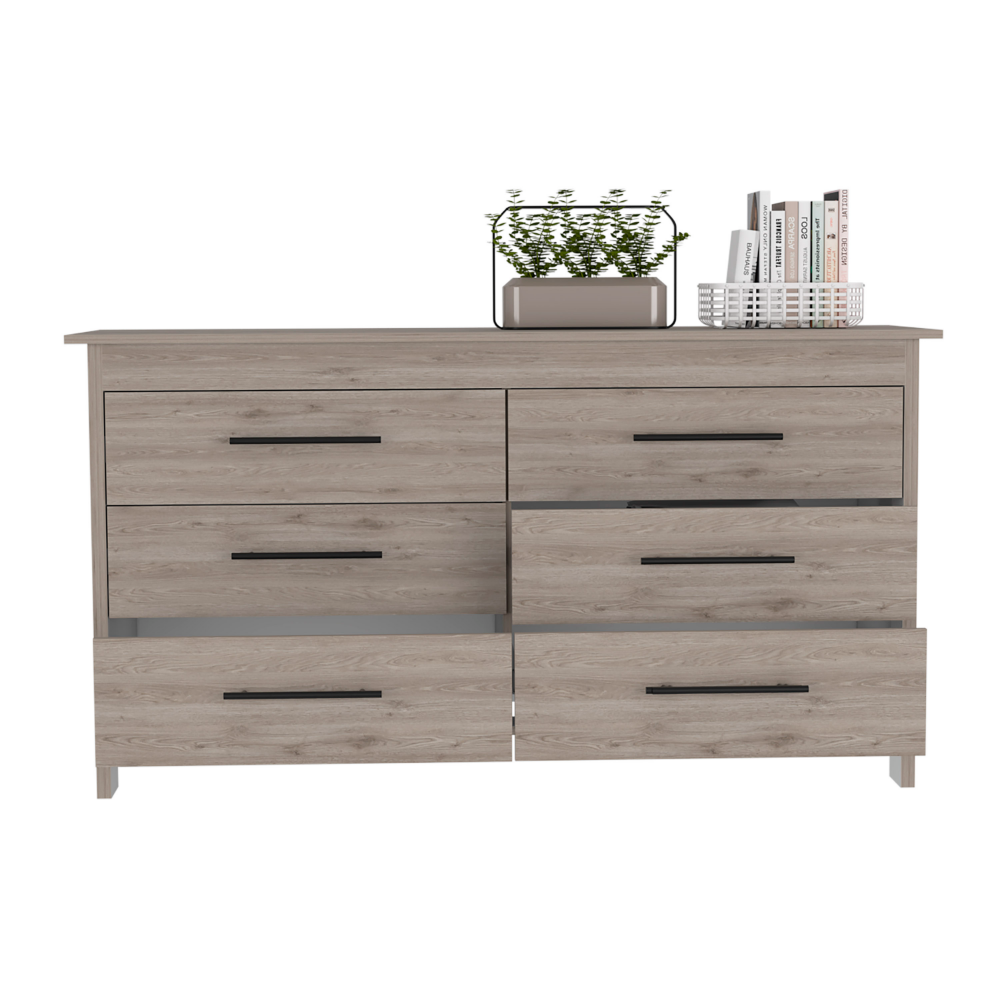 6 Drawer Double Dresser Wezz, Four Legs, Superior Top, Light Gray