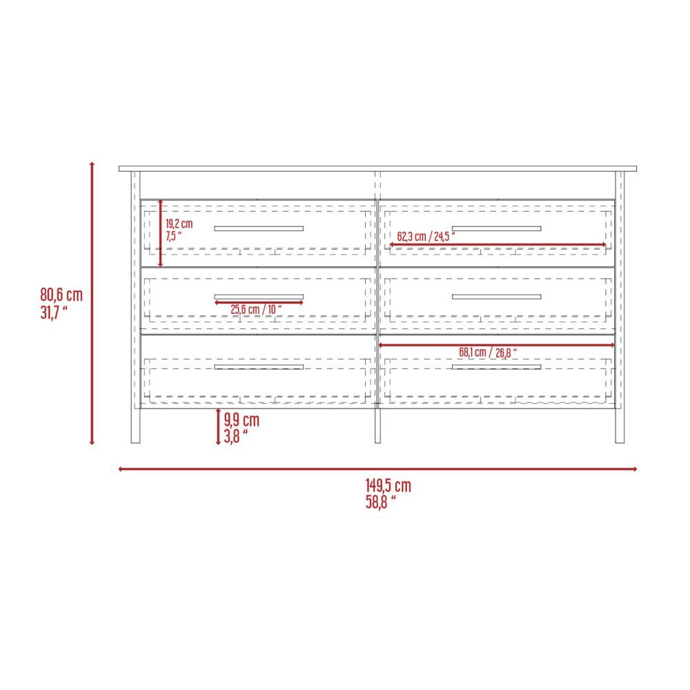 6 Drawer Double Dresser Wezz, Four Legs, Superior Top, Light Oak /