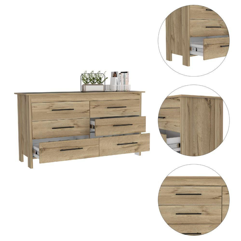 6 Drawer Double Dresser Wezz, Four Legs, Superior Top, Light Oak /