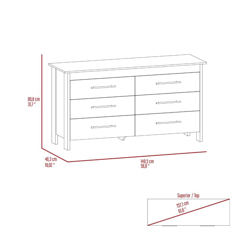 6 Drawer Double Dresser Wezz, Four Legs, Superior Top, Light Oak /