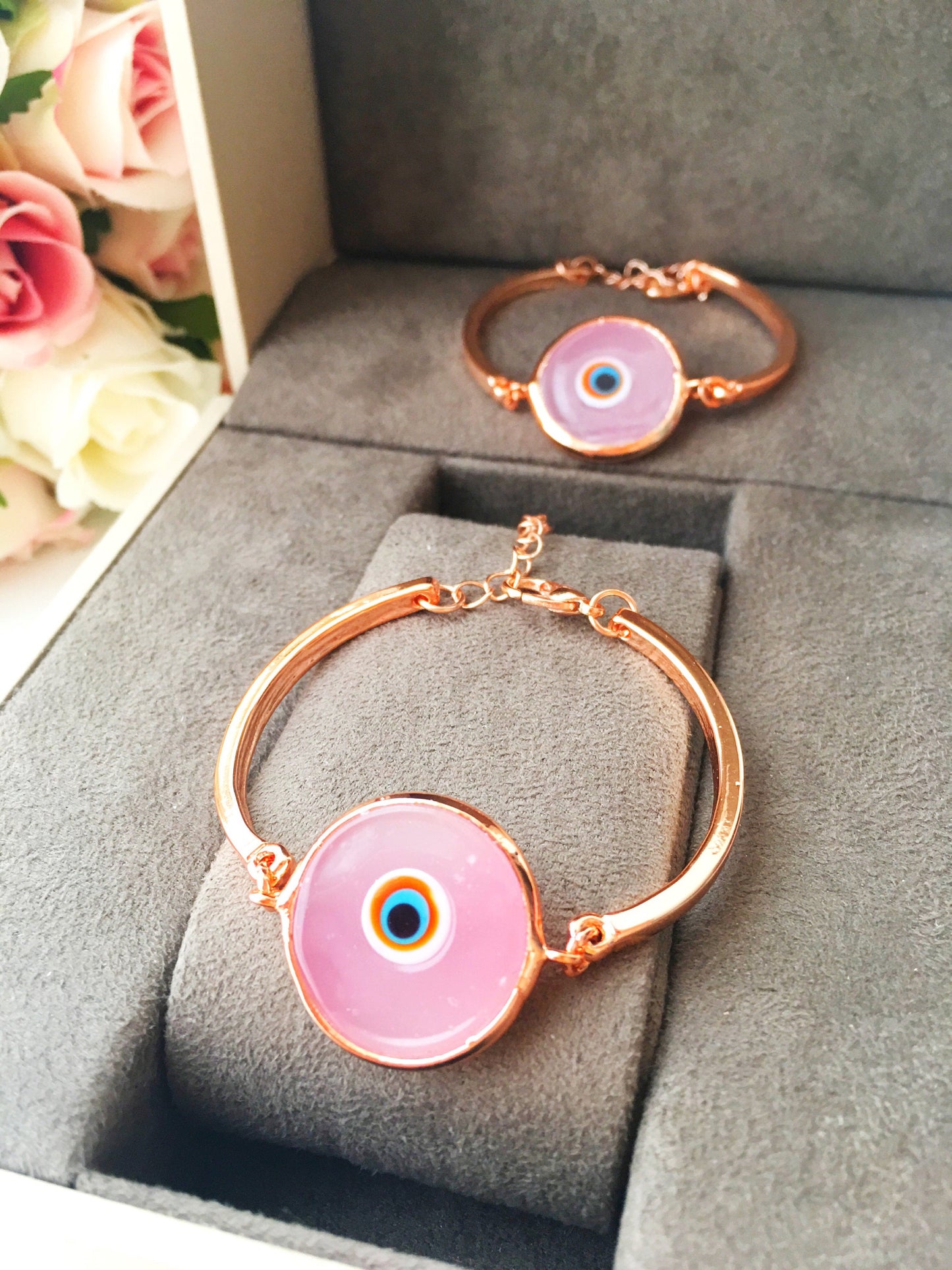 Murano Evil Eye Bracelet, Pink Murano Bead, Rose Gold Bracelet