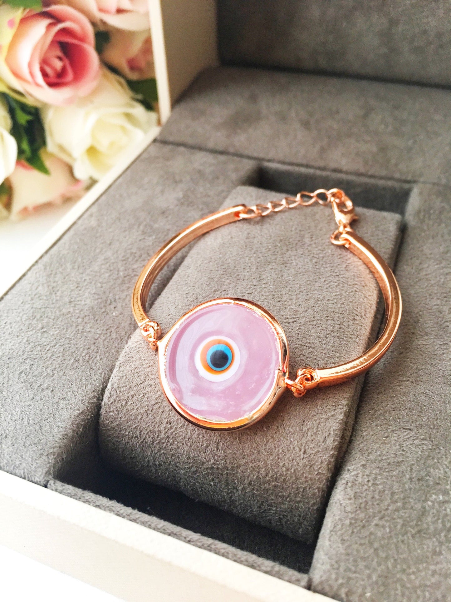 Murano Evil Eye Bracelet, Pink Murano Bead, Rose Gold Bracelet