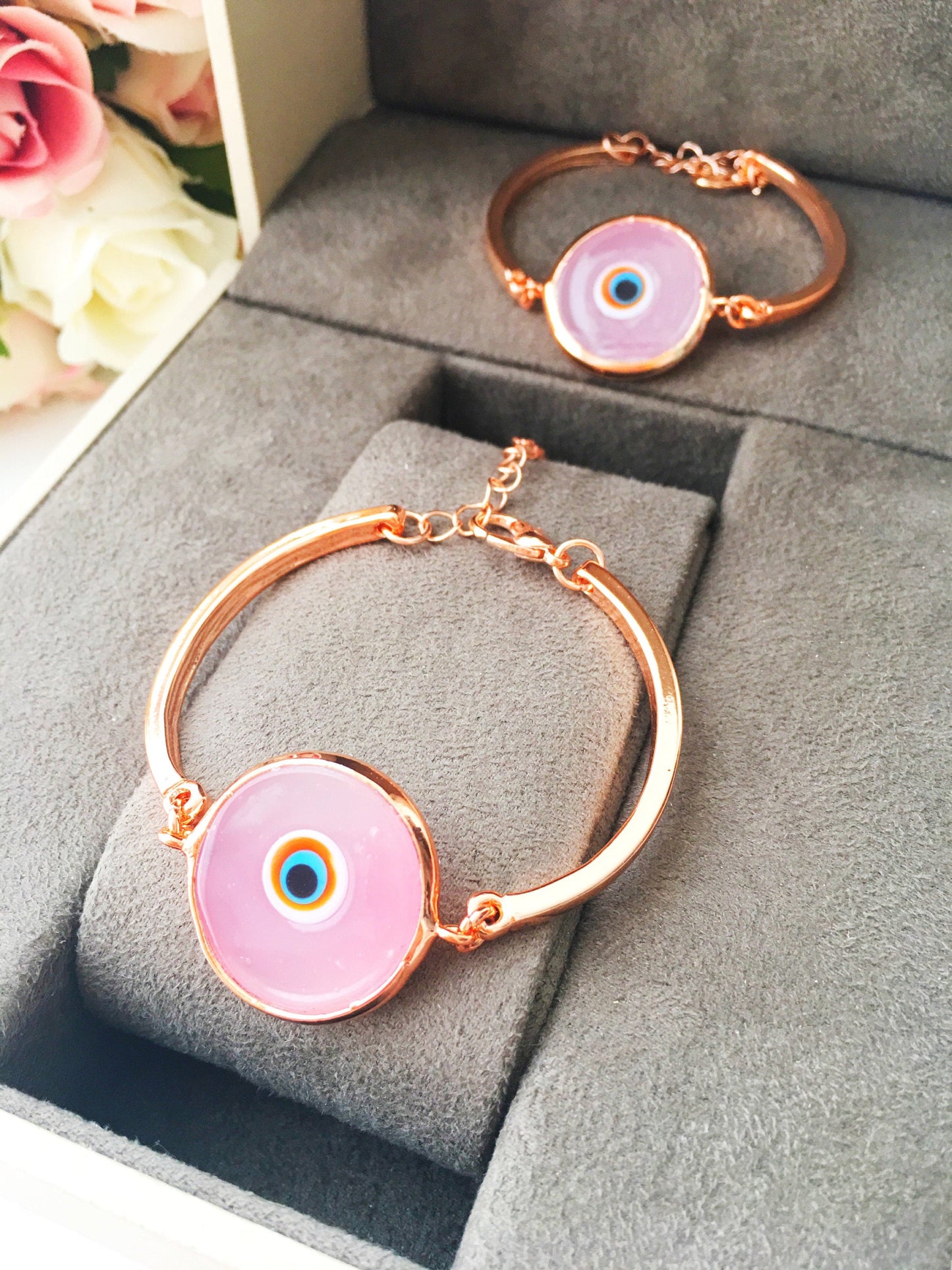 Murano Evil Eye Bracelet, Pink Murano Bead, Rose Gold Bracelet